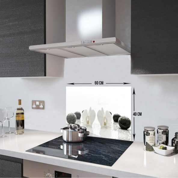 DECORITA Cam Ocak Arkası Koruyucu- Beyaz Orkide Siyah Oniks ürün görseli 1