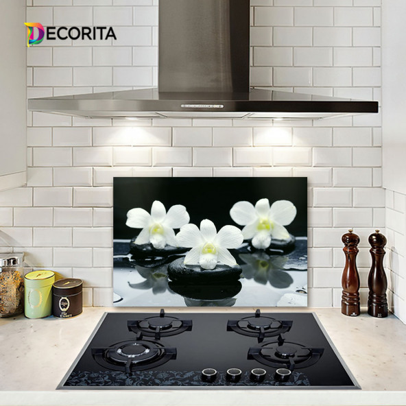 DECORITA Cam Ocak Arkası Koruyucu- Siyah Fon Beyaz Orkideler ürün görseli 1