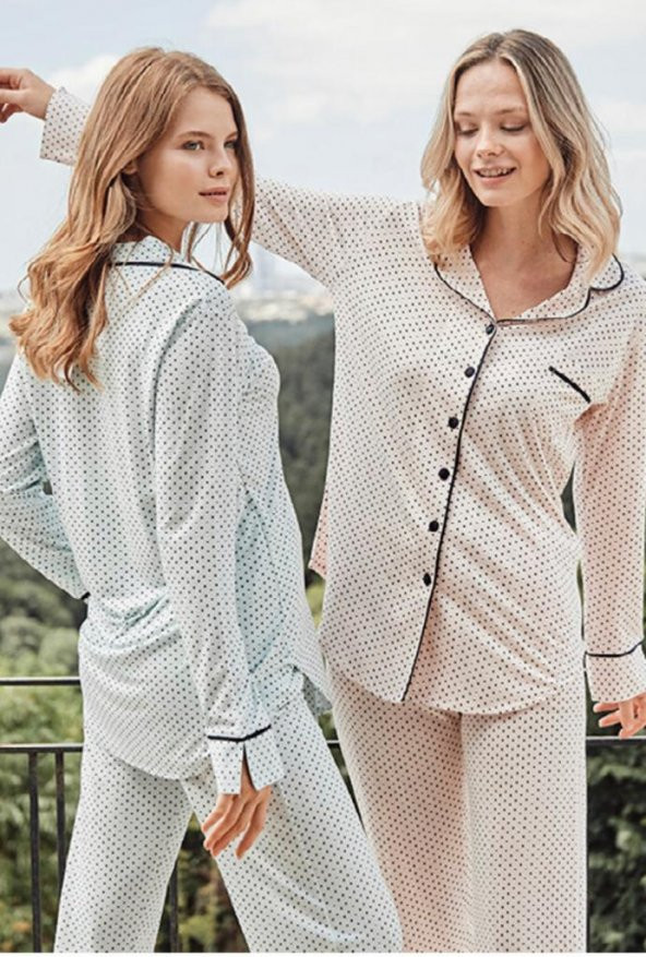 Bone Club 5125 Mavi  Noktalı Önden Düğmeli Lohusa Pijama Tk ürün görseli 1