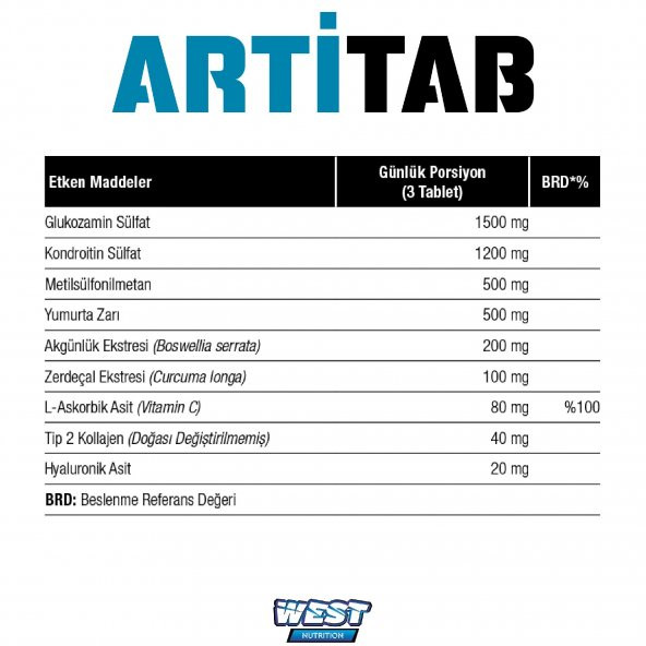 +2 HEDİYE West Artitab Glukozamin S uuml lfat Kondroitin S uuml lfat MSM Hyaluronik Asit Tip 2 Kollajen ürün görseli 1