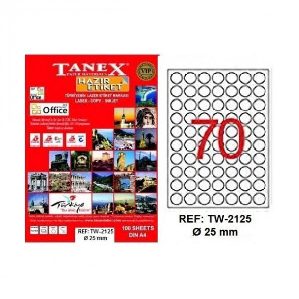 Tanex Laser Etiket 100 YP 0.25 MM Laser-Copy-Inkjet Yuvarlak TW-2125 ürün görseli 1