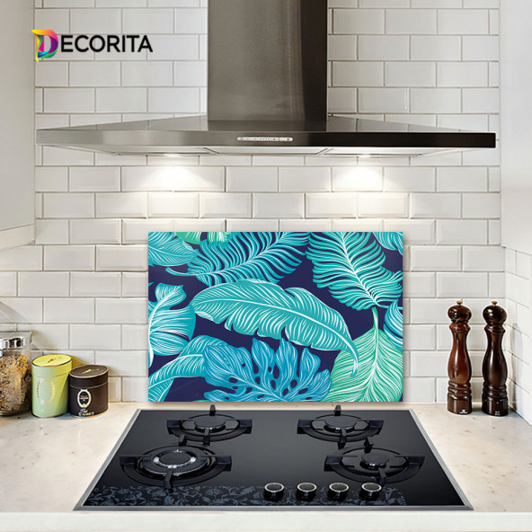 DECORITA Cam Ocak Arkası Koruyucu- Mavi Tropik Yapraklar ürün görseli 1