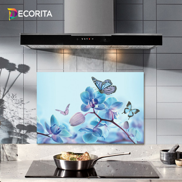 DECORITA Cam Ocak Arkası Koruyucu- Mavi Çiçek Kelebek ürün görseli 1