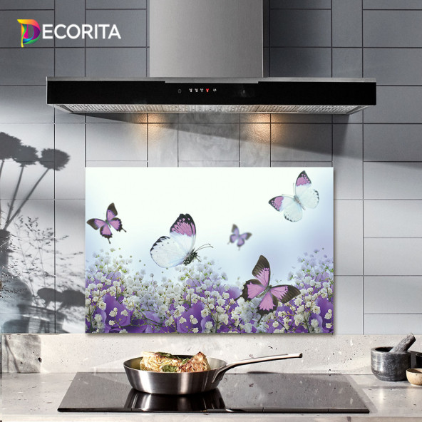 DECORITA Cam Ocak Arkası Koruyucu- Mor Çiçek Kelebek ürün görseli 1