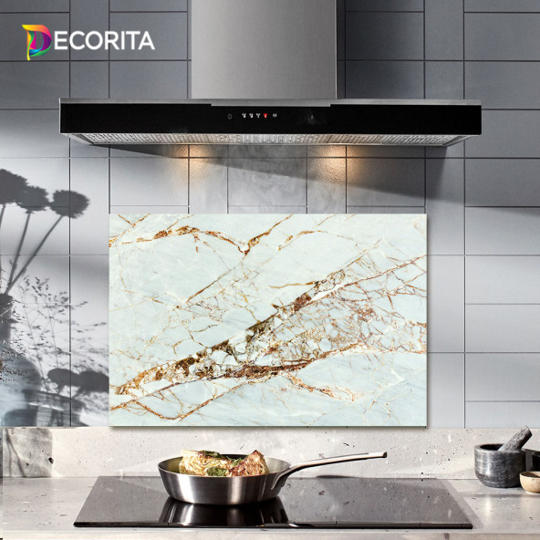 DECORITA Cam Ocak Arkası Koruyucu- Gold Detaylı Beyaz Mermer ürün görseli 1