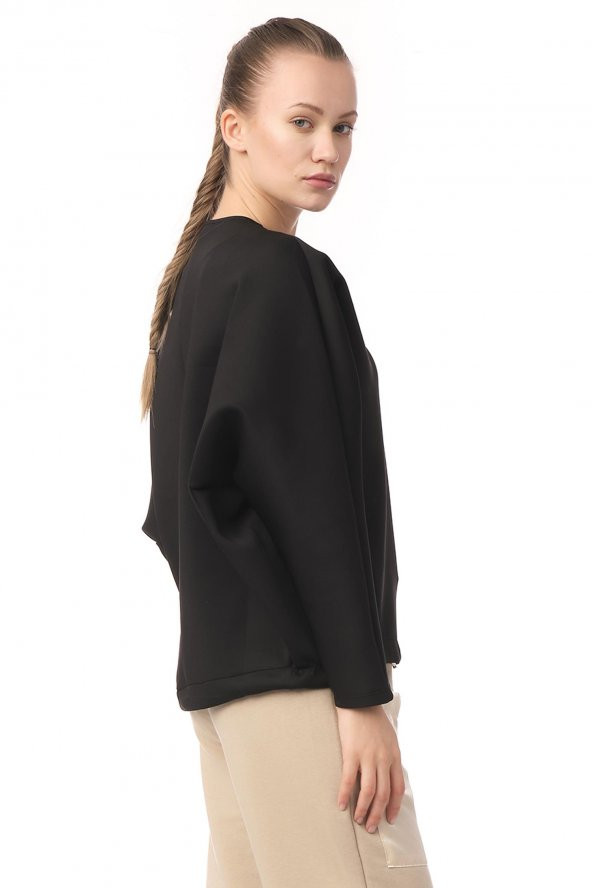 Kadın Siyah Oversize Bisiklet Yaka Basic Sweatsirht - Resim 3