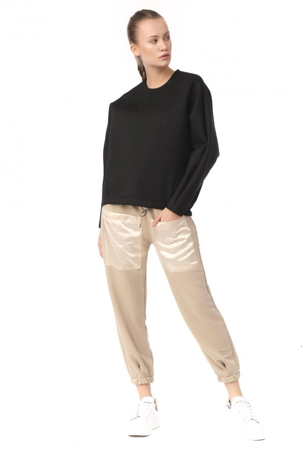 Kadın Siyah Oversize Bisiklet Yaka Basic Sweatsirht - Resim 5
