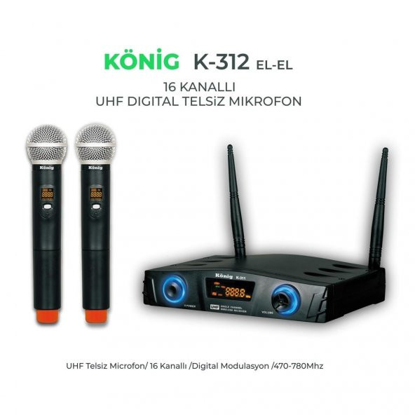 König K-312 Çift El Kablosuz Telsiz Mikrofon 16 Digital Kanal UHF ürün görseli 1