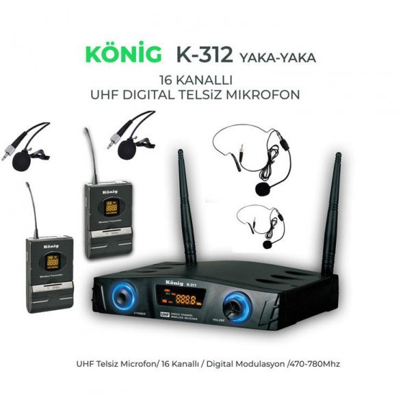 König K-312 Çift Yaka Kablosuz Telsiz Mikrofon 16 Digital Kanal UHF ürün görseli 1