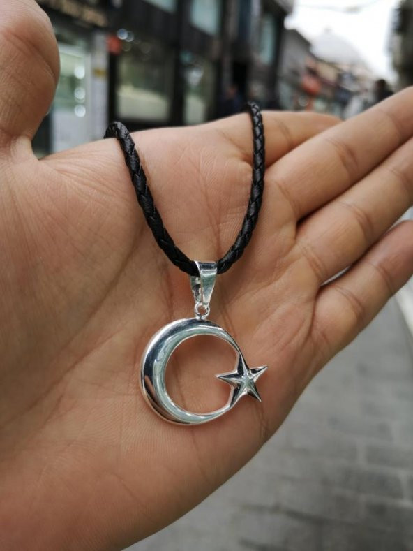 Deri İpli Ayyıldız Gümüş Kolye - Resim 3