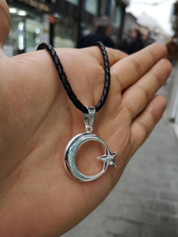 Deri İpli Ayyıldız Gümüş Kolye - Resim 4