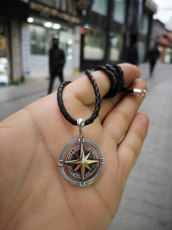 Deri İpli Gümüş Pusula Kolye Özel Tasarım ürün görseli 1