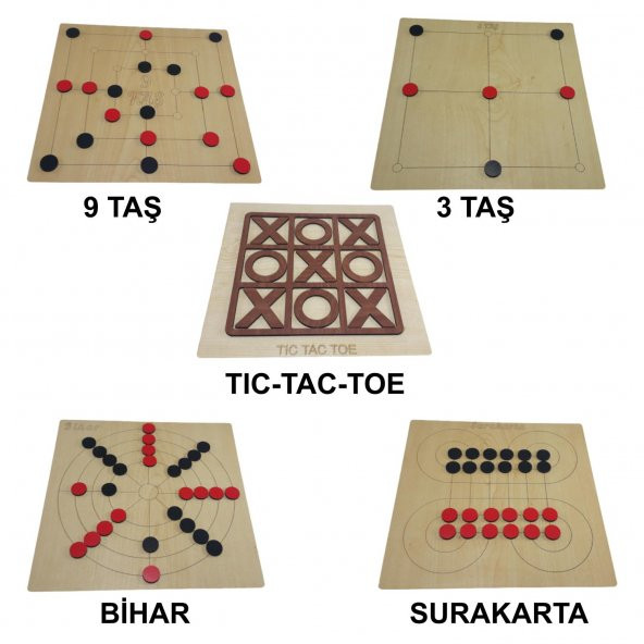 5 in 1, Ahşap TIC-TAC-TOE, 3 Taş, 9 Taş, Bihar ve Surakarta Akıl, Zeka ve Strateji Oyunu ürün görseli 1
