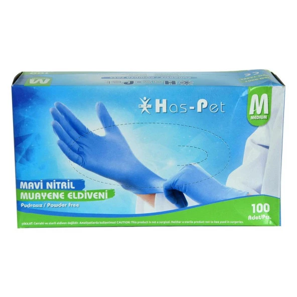 Has-Pet Pudrasız Mavi Nitril Eldiven Orta Boy (M) 100 Lü Paket ürün görseli 1