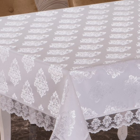 Lüks Damask Masa Örtüsü Seti Beyaz - Resim 2