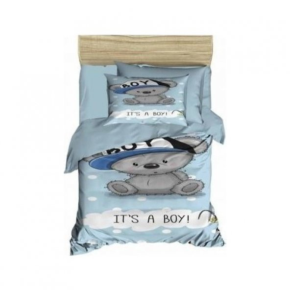 Bebek/Baby Its A Boy/Ayıcık 100 Pamuk/Cotton Mavi Erkek Nevresim Takımı/Seti Yumuşak 2 Yatık Kılıflı 3D Baskılı - Resim 1