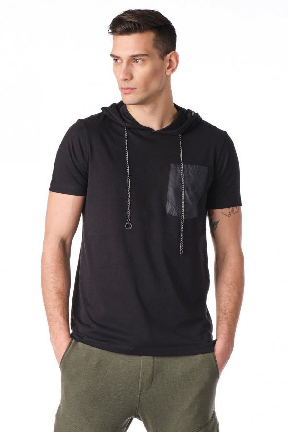 Kapüşonlu Deri Cepli Erkek Tshirt - Resim 2