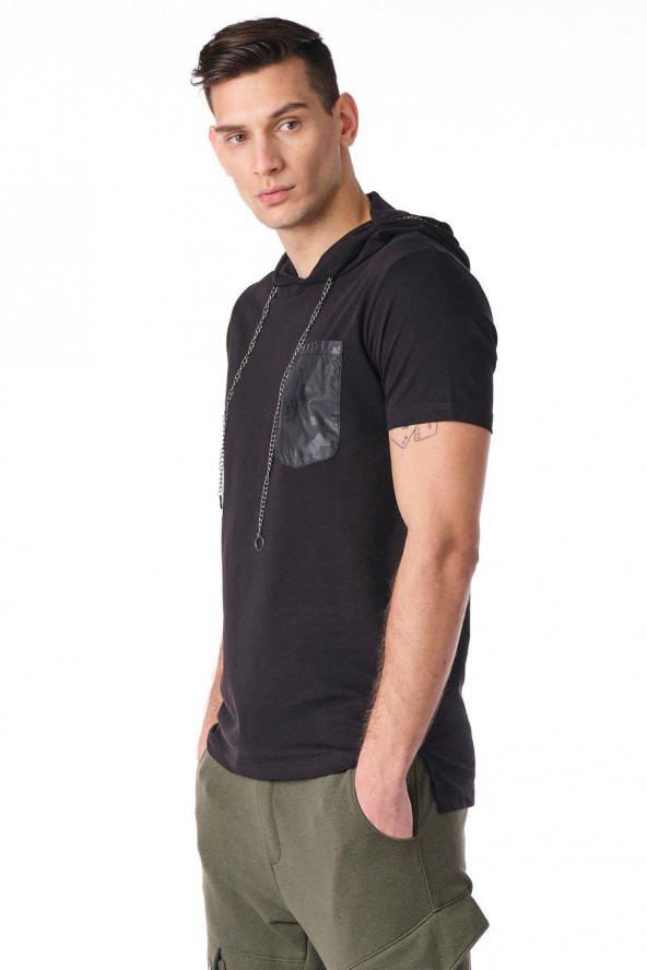 Kapüşonlu Deri Cepli Erkek Tshirt - Resim 3