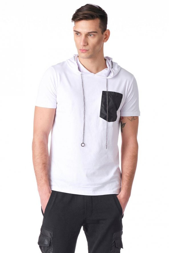 Kapüşonlu Deri Cepli Erkek Tshirt - Resim 6