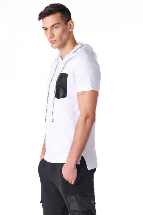 Kapüşonlu Deri Cepli Erkek Tshirt - Resim 7