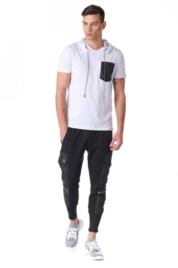 Kapüşonlu Deri Cepli Erkek Tshirt - Resim 9