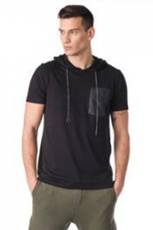 Kapüşonlu Deri Cepli Erkek Tshirt - Resim 10