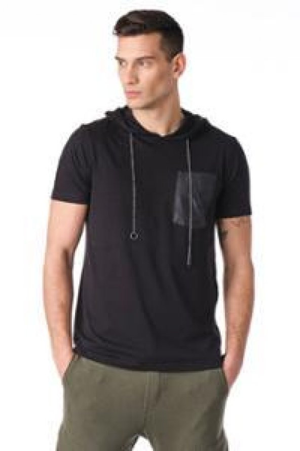 Kapüşonlu Deri Cepli Erkek Tshirt - Resim 11