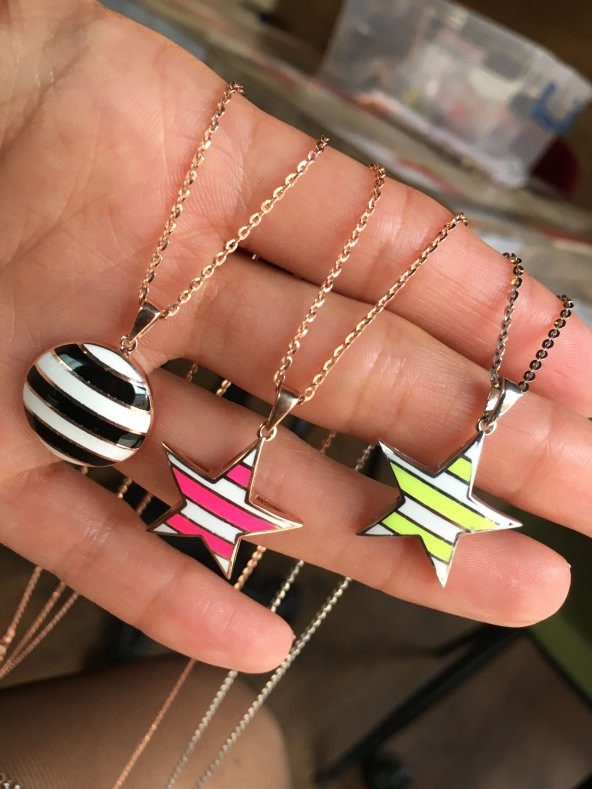 925 Ayar Gümüş Neon Siyah Beyaz Yuvarlak Rose Gümüş Kolye - Resim 5