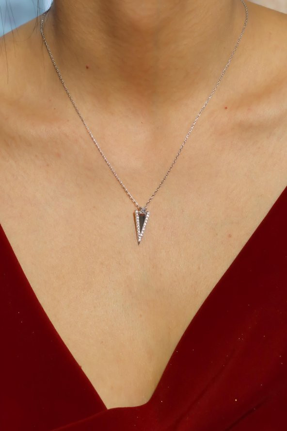 925 Ayar Gümüş Swarovski Ters Piramit Kolye 2 - Resim 3