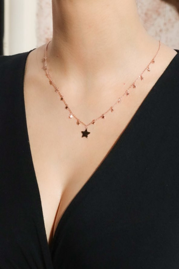 925 Ayar Gümüş Yıldız Gümüş Rose Kolye - Resim 3