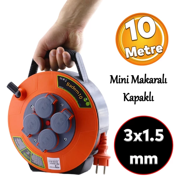 Plastik Kapaklı Mini Makaralı Seyyar 3x1.5 mm CCA Monofaze Uzatma Kablosu 4 Priz TTR Kablo 10 Metre ürün görseli 1