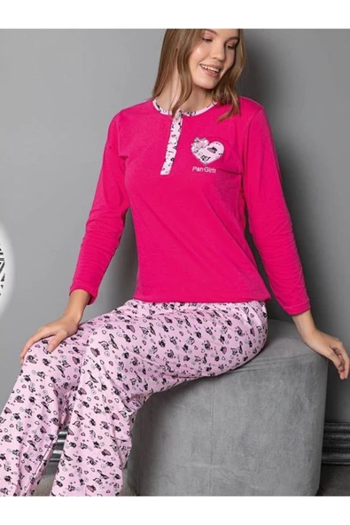 Den Tasarım Hadiyelik - Pangirls desen pembe penye pijama takımı- L Beden ürün görseli 1