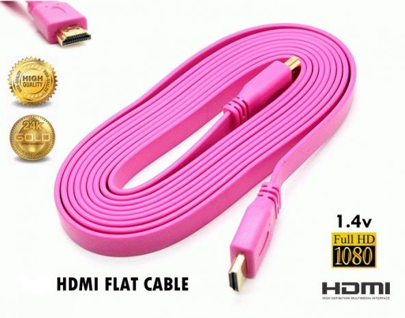 HDMI YASSI KABLO KALİTELİ FLAT HDMI KABLO V1.4 3D 1.5M PEMBE ürün görseli 1