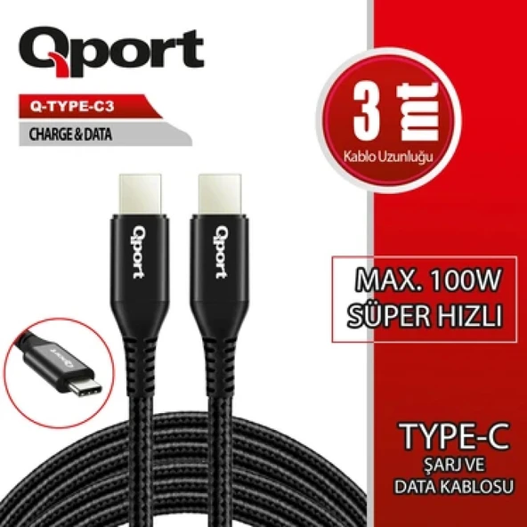 QPORT Q-TYPE-C3 3 METRE TYPE-C 100W PD ŞARJ VE DATA KABLOSU ürün görseli 1