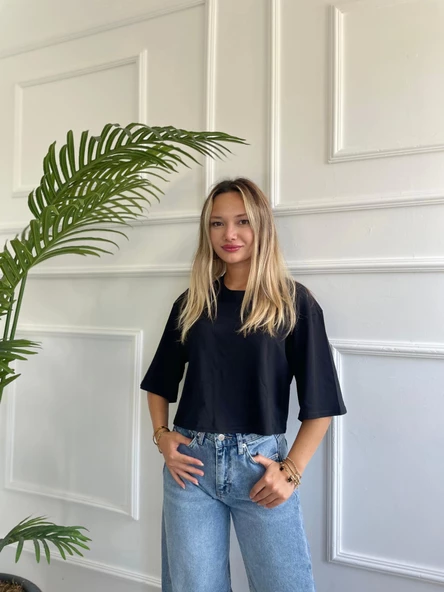 Kadın Basic Crop Tshirt - Resim 2