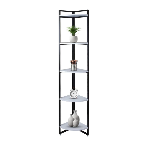Dekoratif Köşe Rafı 5 Raflı Metal Ve Ahşap Kitaplık Çiçeklik Saksılık 200x31 Cm ürün görseli 1