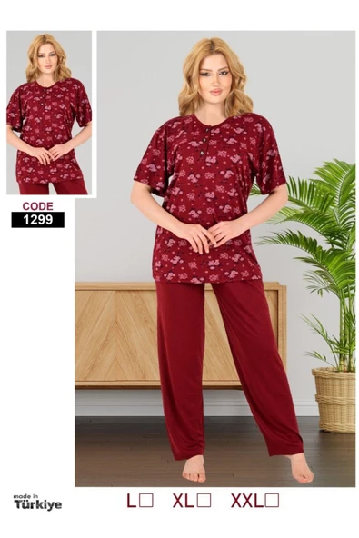 Çiçek desenli pijama takımı kısa kol koyu pembe-XXL beden ürün görseli 1