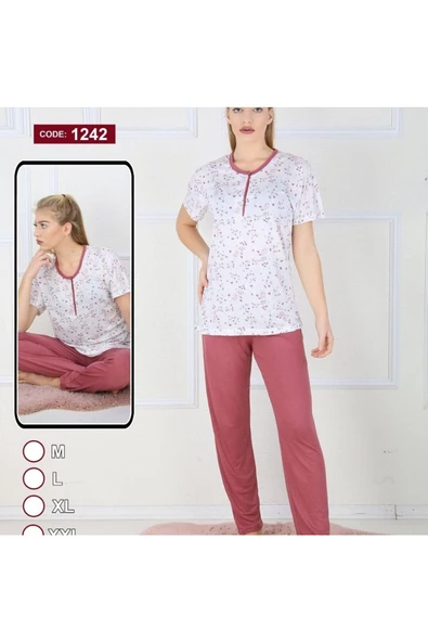 - Ev Hali Pijama- Çiçek desenli pijama takımı bordro- XL Beden ürün görseli 1