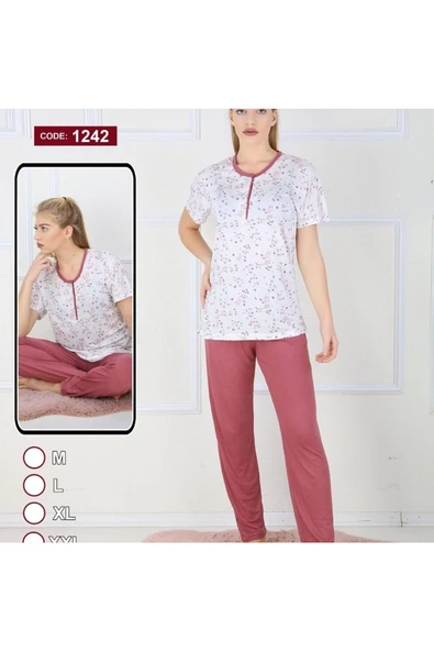 - Ev Hali Pijama- Çiçek desenli pijama takımı lila-L beden ürün görseli 1