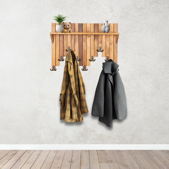 Ahşap Duvar Ve Kapı Askısı Elbise Askılık Raflı Piyano Model 9 Askılı 50x69x9 cm ürün görseli 1