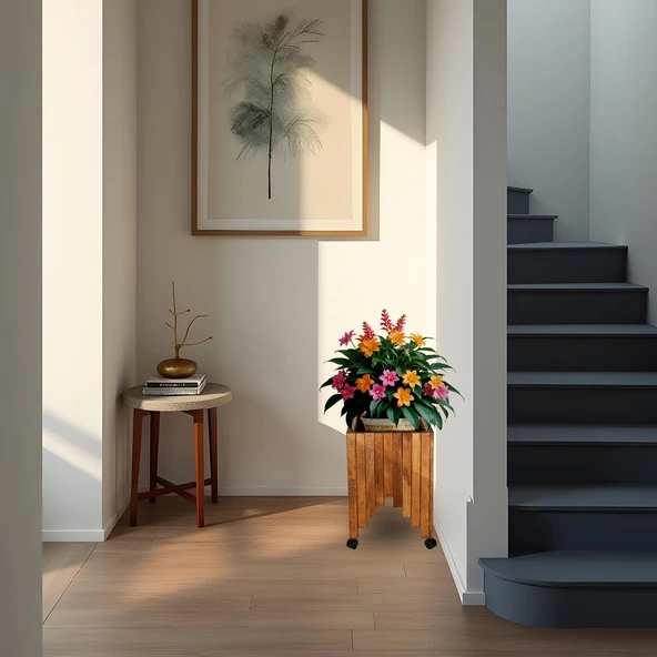 Dekoratif Ahşap Saksılık Çiçeklik Ahşap Saksı Altlığı 38x38x50 cm Tekerlekli Saksı Sehpası ürün görseli 1