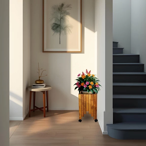 Dekoratif Ahşap Saksılık Çiçeklik Ahşap Saksı Altlığı 30x30x45 cm Tekerlekli Saksı Sehpası ürün görseli 1