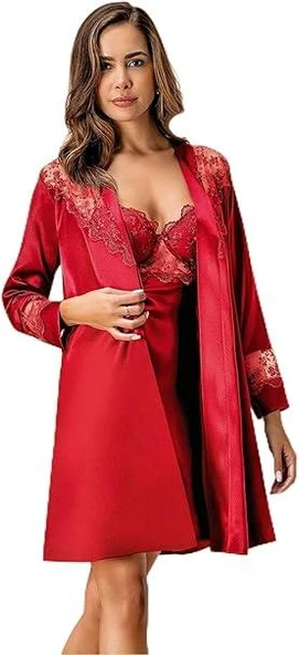 Nurteks Kadın Bordo 2 Li Kaplı Sabahlık Gecelik Saten Kimono Takım 5384 ürün görseli 1