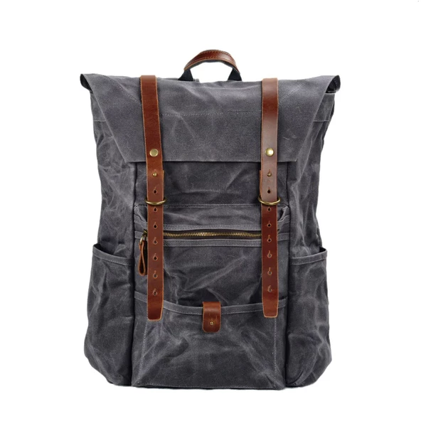 Retro Mumlu Kanvas Deri Büyük Outdoor Sırt Çantası (Gri) ürün görseli 1