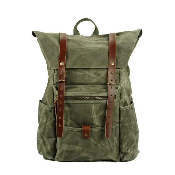 Retro Mumlu Kanvas Deri Büyük Outdoor Sırt Çantası (Yeşil) ürün görseli 1