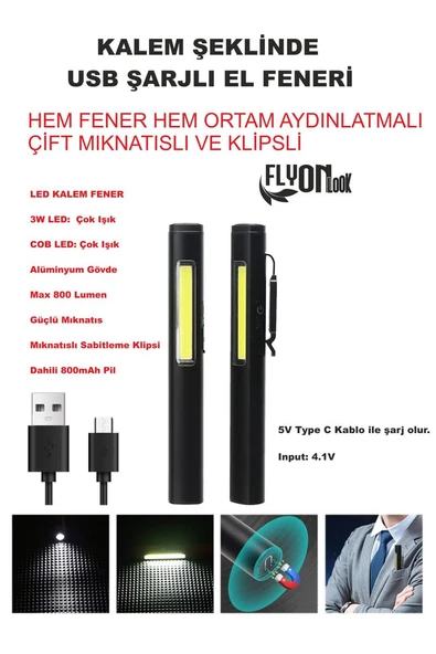 Kalem Şeklinde Şarj Edilebilir EL Feneri Güçlü Mıknatıslı Hem Ortam Aydınlatma Hem Fener Kamp Lamba ürün görseli 1