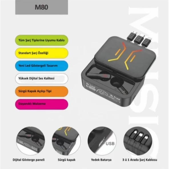 Power M80 2000 mAh Powerbanklı Bluetooth Kablosuz Kulaklık ürün görseli 1