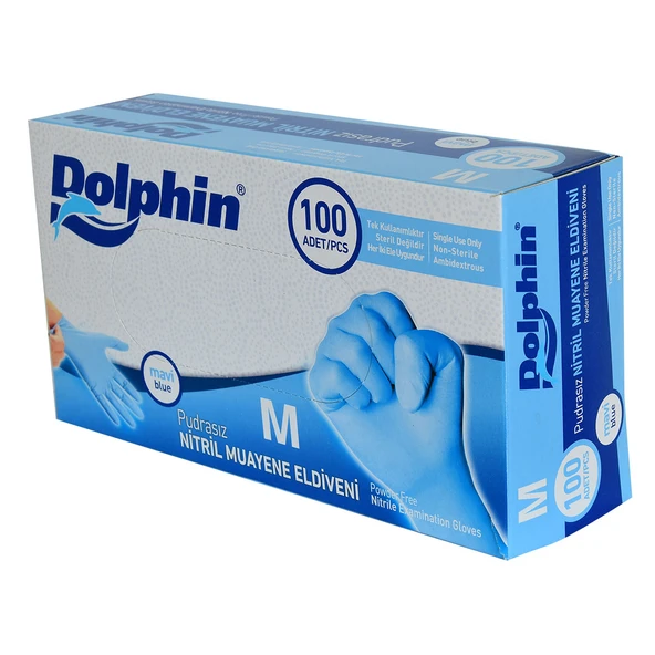 Dolphin Pudrasız Mavi Nitril Eldiven Orta Boy (M) 100 Lü Paket - Resim 2