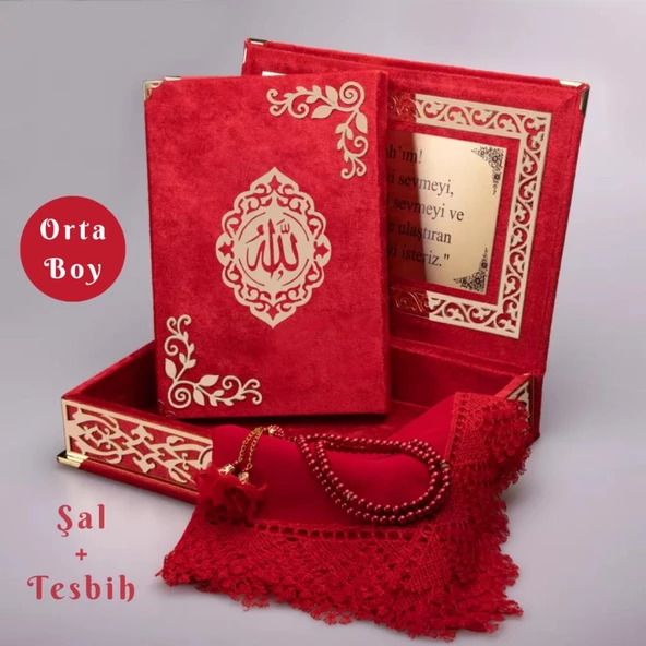Şal + Tesbih + Kuran Hediye Seti (Orta Boy, ŞemsLafzatullah, Gold Pleksi, Raşel Kutu, Kırmızı) ürün görseli 1
