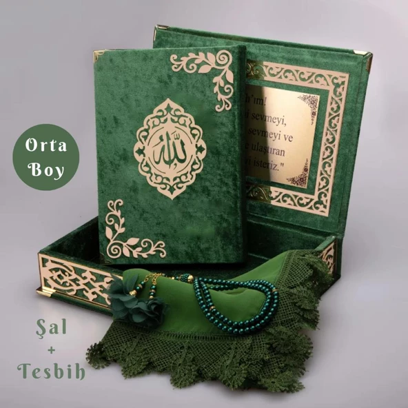 Şal + Tesbih + Kuran Hediye Seti (Orta Boy, ŞemsLafzatullah, Gold Pleksi, Raşel Kutu, Yeşil) ürün görseli 1